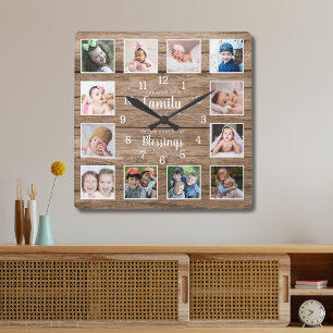12 Foto-Collage Familie Liebe Segenssprüche Holz Quadratische Wanduhr