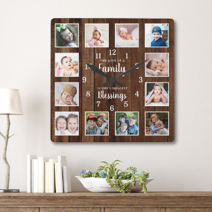 12 Foto-Collage Familien-Segen Zitat Dunkles Holz Quadratische Wanduhr