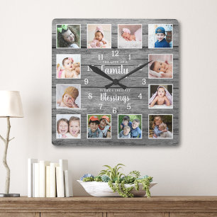 12 Foto-Collage Familien-Segen-Zitat Graues Holz Quadratische Wanduhr