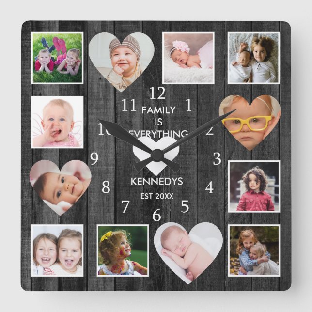 12 Foto Collage Familienangebot Schwarzes Holz  Quadratische Wanduhr (Vorderseite)