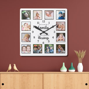 12 Foto-Collage Familienliebe Segensspruch Weiß Quadratische Wanduhr