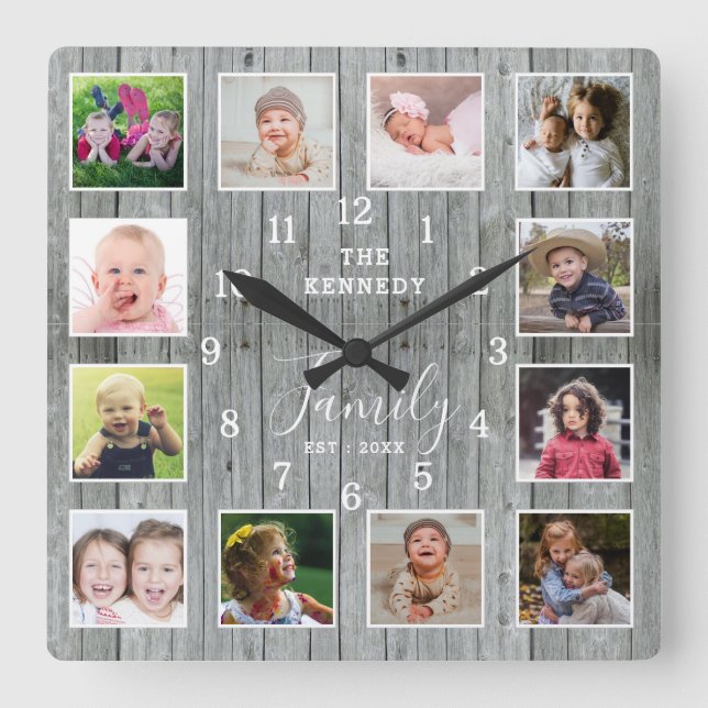 12 Foto Collage Familienname Rustikales graues Hol Quadratische Wanduhr (Vorderseite)