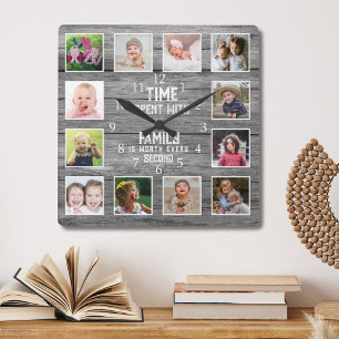 12 Foto-Collage Familienzitat Farmhouse Grau Holz Quadratische Wanduhr