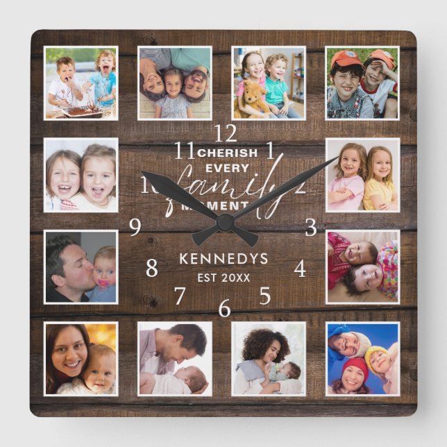 12 Foto Collage Family Quote Dunkelbraunes Holz Quadratische Wanduhr (Vorderseite)
