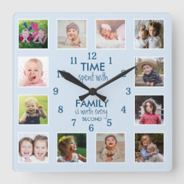12 Foto Collage Family Time Quote Pastel blau Quadratische Wanduhr