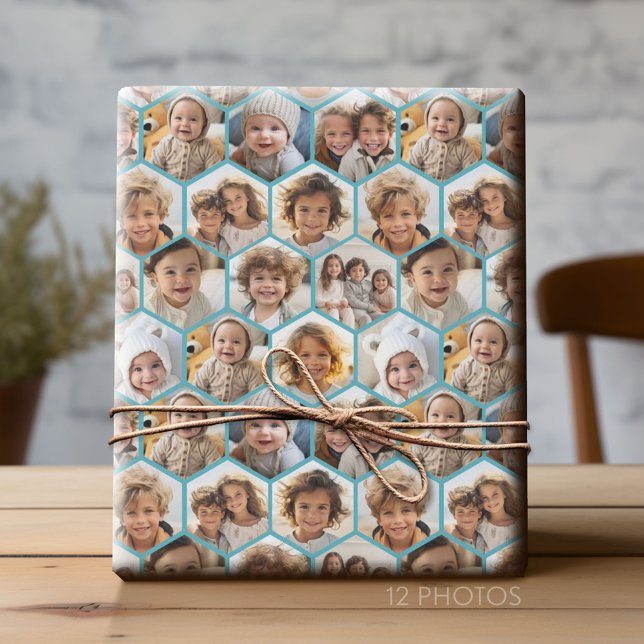 12 Foto Collage - Funky hexagon Honeycomb Muster Geschenkpapier (Custom Photo Collage Wrapping Paper - All Occasion)