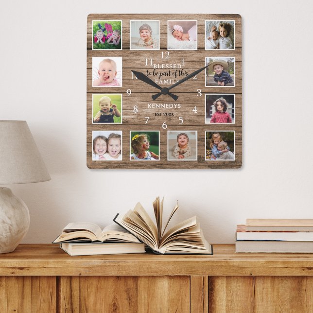 12 Foto Collage gesegnetes Familienangebot Rustika Quadratische Wanduhr (12 Photo Collage Blessed Family Quote Rustic Wood Square Wall Clock)