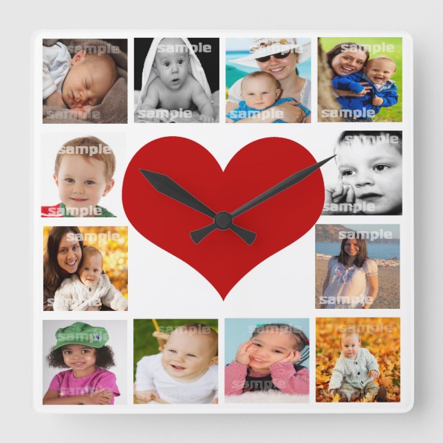 12 Foto Collage Herz Einzigartig Personalisiert Quadratische Wanduhr (Vorderseite)
