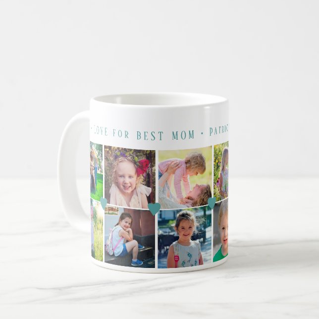 12 Foto Collage LIEBE für BEST MAMA Grüne Herzen Kaffeetasse (Vorderseite Links)