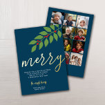 12 Foto Collage - Merry Script - Navy Botanical Folien Feiertagskarte<br><div class="desc">FRONT DESIGN: Ein modernes, minimales Design mit einem riesigen "fröhlichen" in einem trendigen Skript. Die Weihnachtsbotschaft kann geändert werden. Eine Familiensignatur ist mit einem Bereich zum Hinzufügen einzelner Namen enthalten. Die Hintergrundfarbe ist marineblau. — BACK DESIGN: Verwenden Sie 12 quadratische Fotos mit dem Thema zentriert. Die 12 Gitter-Foto-Collage verwendet quadratische...</div>