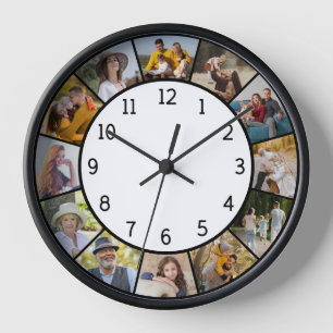 12 Foto-Collage Schwarz-Weiß Familie & Freunde Uhr