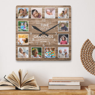 12 Foto Collage Time mit Grandkids Zitat Quadratische Wanduhr
