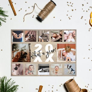 12 Foto Collage Year in Review Rustic Pine Wood Feiertagskarte