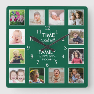12 Foto-Collage Zeit mit Familie Zitat Grün Quadratische Wanduhr