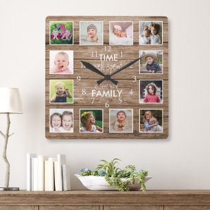 12 Foto-Collage Zeit mit Familie Zitat Holz Quadratische Wanduhr