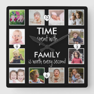 12 Foto-Collage Zeit mit Familie Zitat Schwarz Quadratische Wanduhr