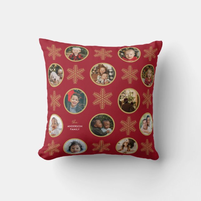 12 Foto Familie Snowflake Red Vintage Weihnachten Kissen (Vorderseite)