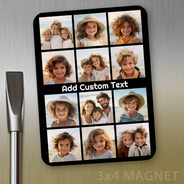 12 Foto Instagram Collage mit schwarzem Hintergrun Magnet (Personalized refrigerator magnet with photo collage and custom text - add 12 photos to this design)