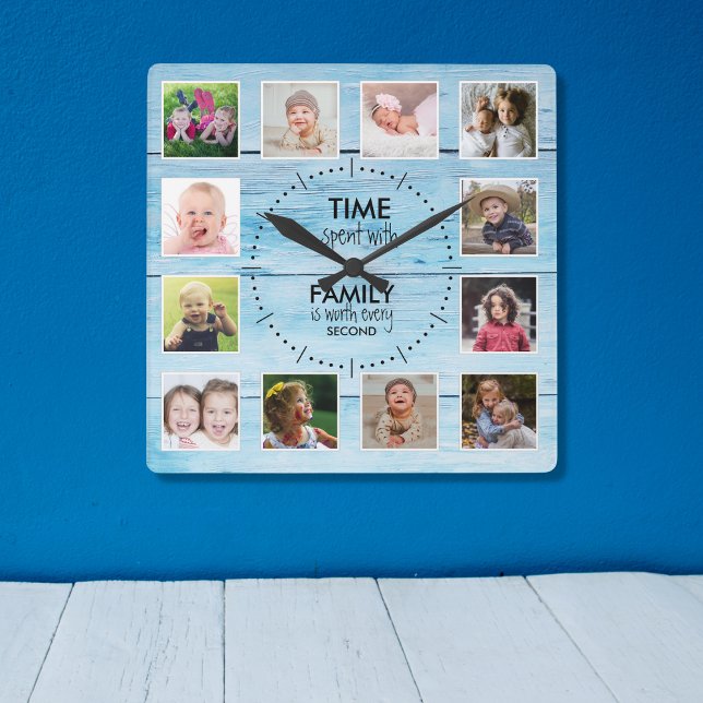 12 Foto Time Family Zitat Blue Wood Beach House Quadratische Wanduhr (Von Creator hochgeladen)