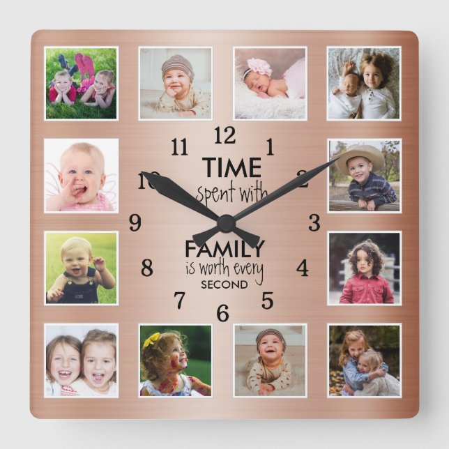 12 Foto Zeit mit Kupfer für Familienangebote Quadratische Wanduhr (Vorderseite)