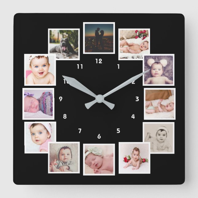 12 FotoCollage Einzigartig Personalisiert Quadratische Wanduhr (Vorderseite)
