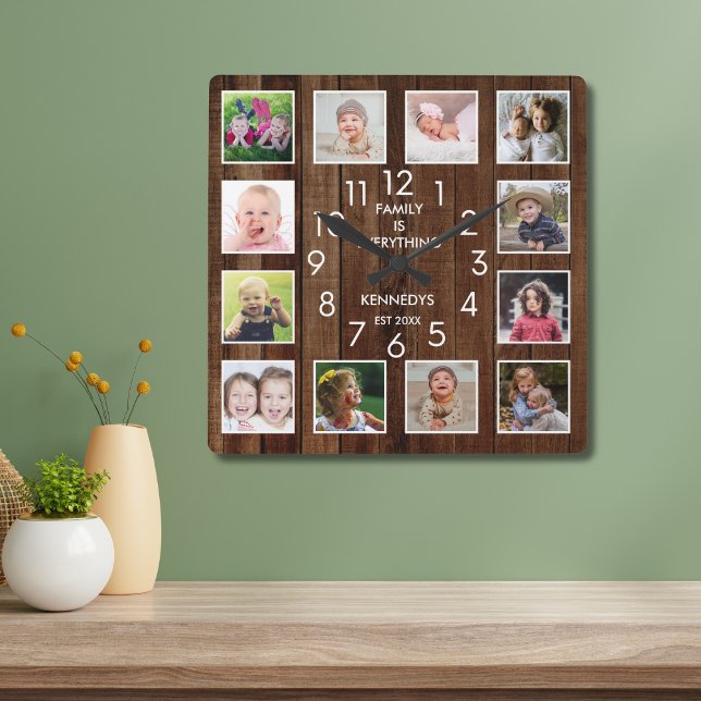 12 Fotocollage Familienname Personalisiertes Holz Quadratische Wanduhr (Von Creator hochgeladen)