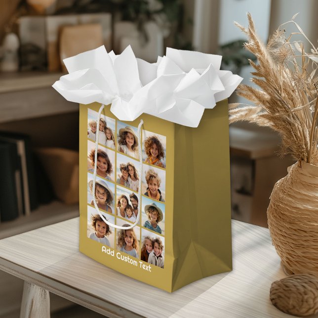 12 FotoCollage mit Gold Hintergrund Mittlere Geschenktüte (Custom Gift Bag)