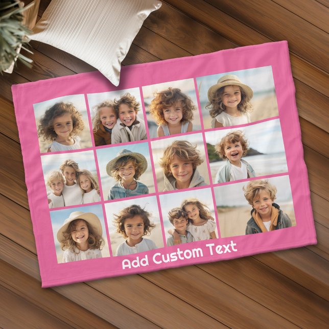 12 FotoCollage mit Magenta Pink Hintergrund Fleecedecke (Personalized fleece blanket with 12 photos and custom text)