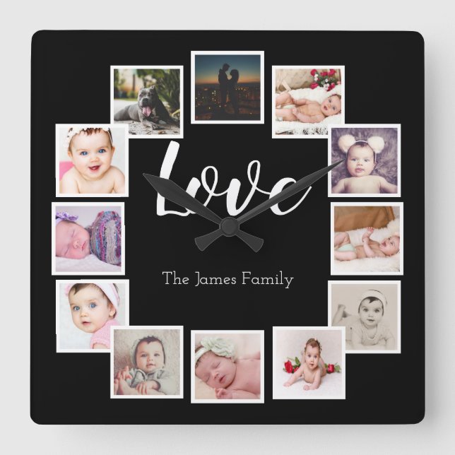 12 Fotocollage Personalisierte LIEBE Quadratische Wanduhr (Vorderseite)