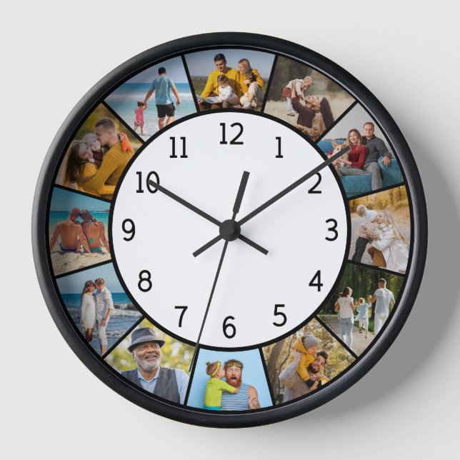 12 Fotocollage Schwarz & Weiß Familie & Freunde Uhr (Vorderseite)