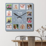 12 FotoCollage Time mit Familienangebot dumm blau Quadratische Wanduhr<br><div class="desc">Individuelle Foto-Uhr mit inspirierend Familienausdruck "Zeit mit der Familie ist jede Sekunde wert". Personalisieren Sie mit 12 Ihrer Lieblings-Fotos.</div>