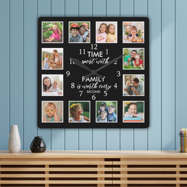 12 FotoCollage Time mit Familienangebot Schwarz Quadratische Wanduhr (Von Creator hochgeladen)