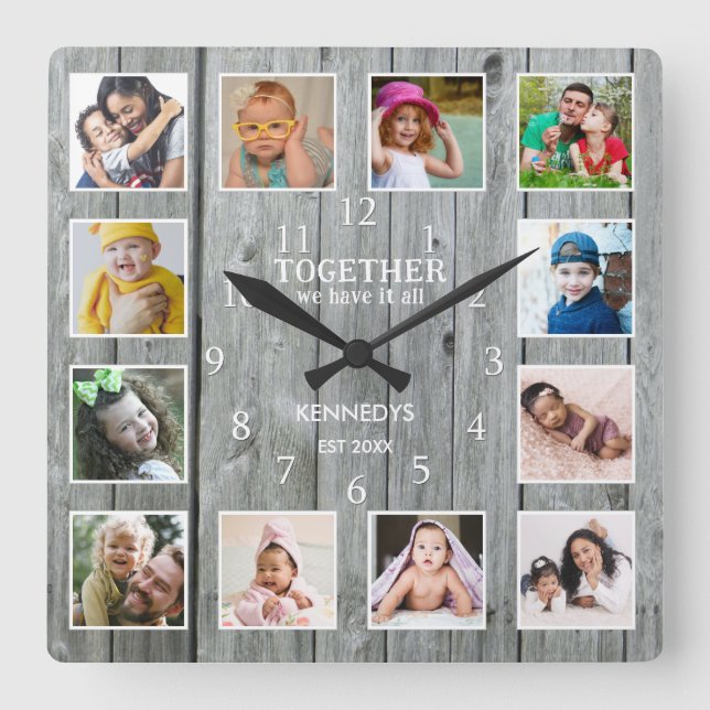 12 Fotocollage zusammen Familienangebot Graues Hol Quadratische Wanduhr (Vorderseite)