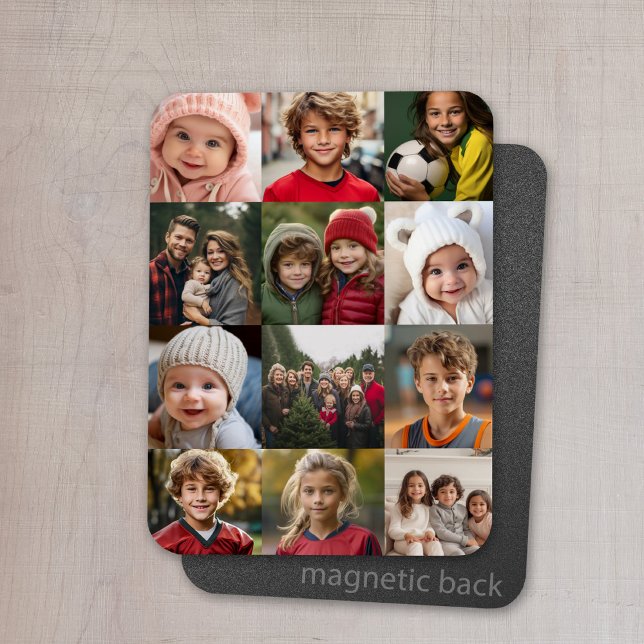 12 Fotomaterial - Fotos nur quadratisch geschnitte Magnet (Personalized refrigerator magnet with photo collage and custom text - add 12 photos to this design)