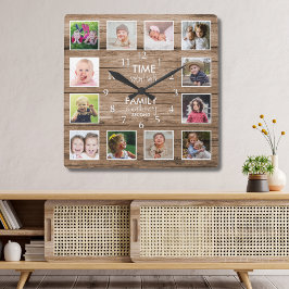 12 Fotosammlungszeit mit Holz für Familien Quadratische Wanduhr