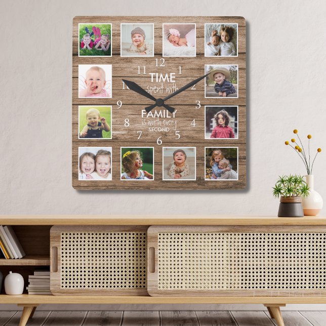 12 Fotosammlungszeit mit Holz für Familien Quadratische Wanduhr (Von Creator hochgeladen)