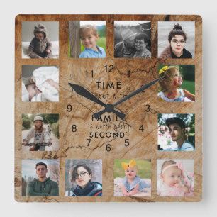 12 Fotosammlungszeit mit Holz für Familien Quadratische Wanduhr