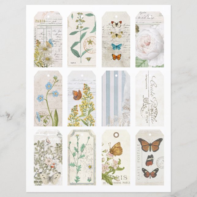 12 Französische Butterfly Blume Vintag Journal Tag (Vorderseite)