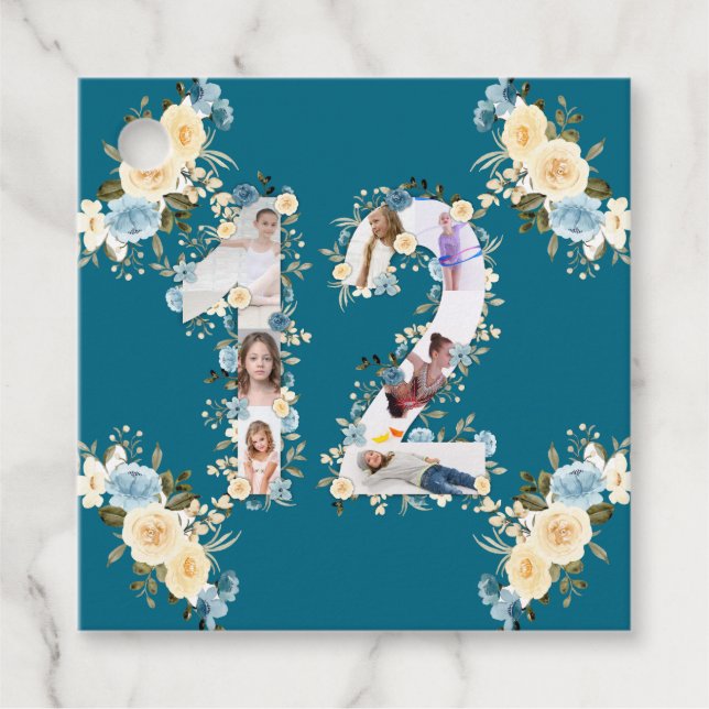12. Geburtstag Aquamarine Blume FotoCollage Gelb Geschenkanhänger (Vorderseite)