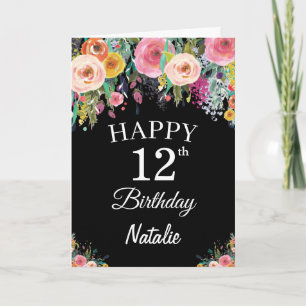 12. Geburtstag Aquarell Blumen Schwarz Karte