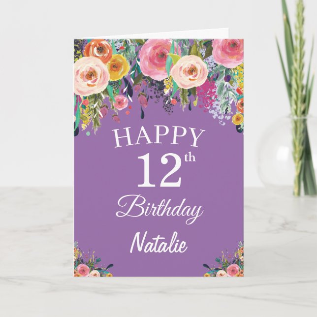 12. Geburtstag Aquarellfarben Blume Lila Karte (Vorderseite)