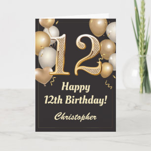 12. Geburtstag Black and Gold Balloons Confetti Karte