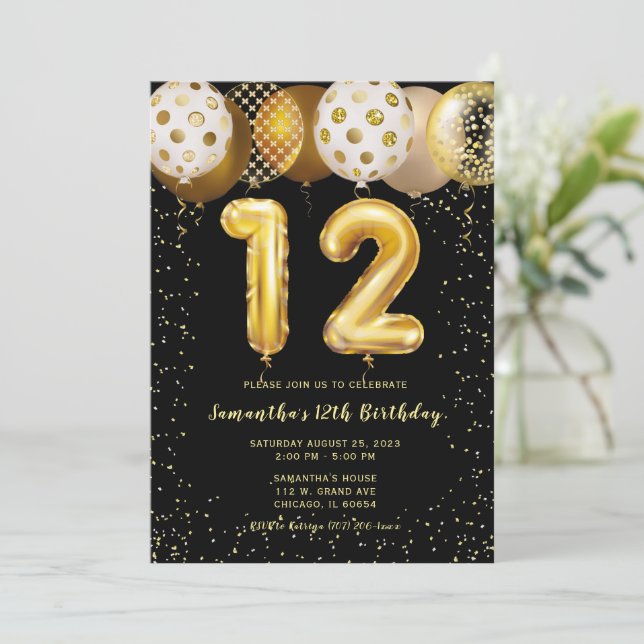 12. Geburtstag Black Gold Einladung (Stehend Vorderseite)