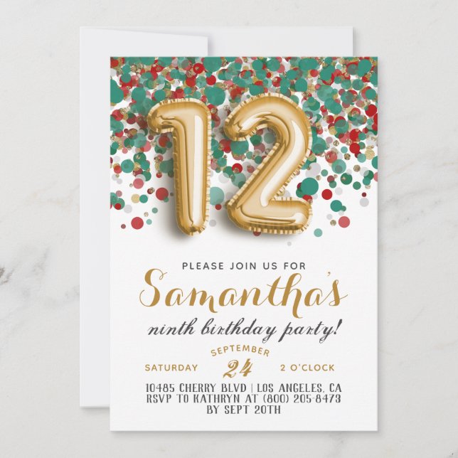 12. Geburtstag Confetti Einladung (Vorderseite)