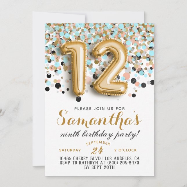 12. Geburtstag Confetti Einladung (Vorderseite)