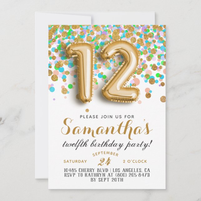 12. Geburtstag Confetti Einladung (Vorderseite)
