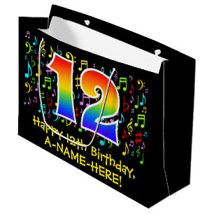 12. Geburtstag - Farbige Musiksymbole, Regenbogen  Große Geschenktüte