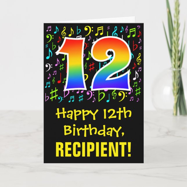 12. Geburtstag: Farbige Musiksymbole + Regenbogen  Karte (Vorderseite)