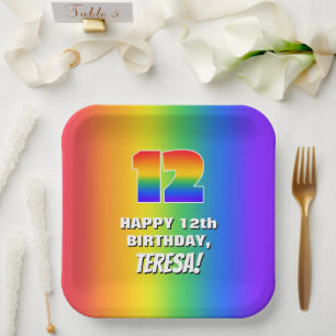 12. Geburtstag: Farbiges, lustiges Regenbogenmuste Pappteller