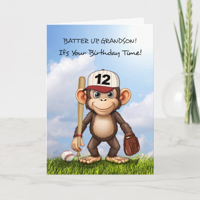 12. Geburtstag Grandson Baseball Monkey Bat Ball Karte (Vorderseite)